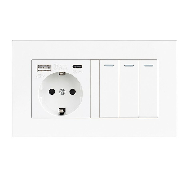 Выключатель механический с розеткой, 1 розетки 2 USB ( Type-C и Type-A ...
