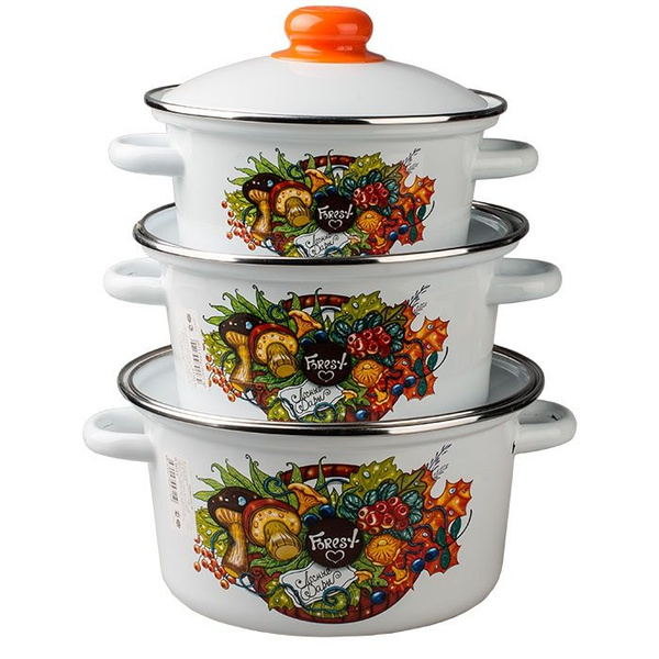 Кастрюли Эмаль "Лесные дары", 1,5, 2,5 и 3,5 л, белые (6-304/4 ...