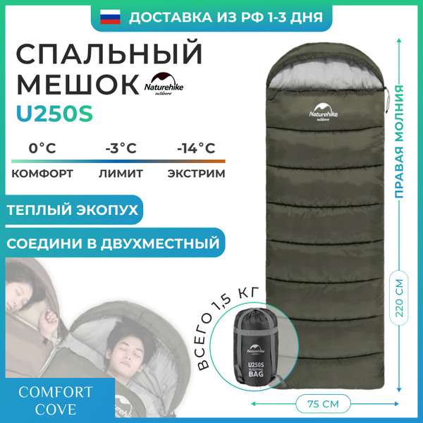 Спальный мешок Naturehike u250s / до -14C, вес 1.5 кг, зеленый, молния ...