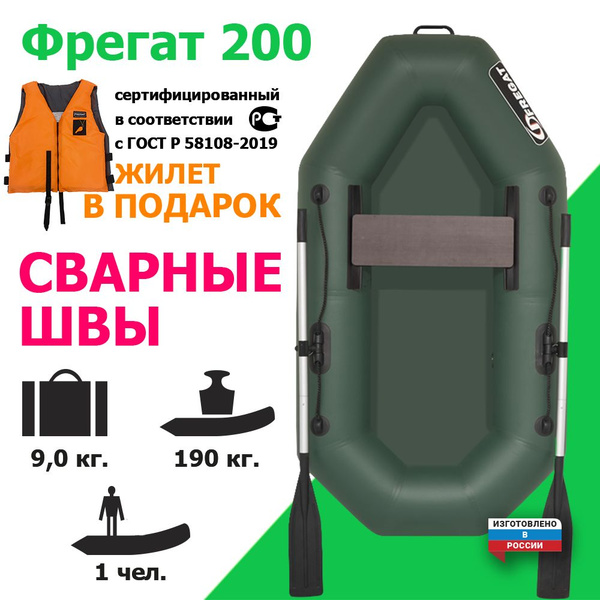 Лодка ПВХ гребная Фрегат М-1 Оптима, 200 см, одноместная, Сварные швы ...