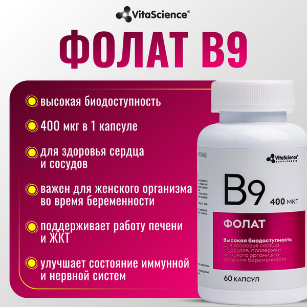 VitaScience Фолиевая кислота Фолат 400 мкг, БАД, 60 капсул - купить с ...
