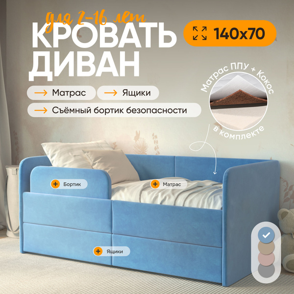 Кровать детская 140х70 Smile, матрас, 2 подкроватных ящика, защитный ...