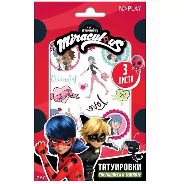 ND PLAY Наклейки - татуировки Леди Баг и Супер-Кот, 3 листа, светящиеся ...
