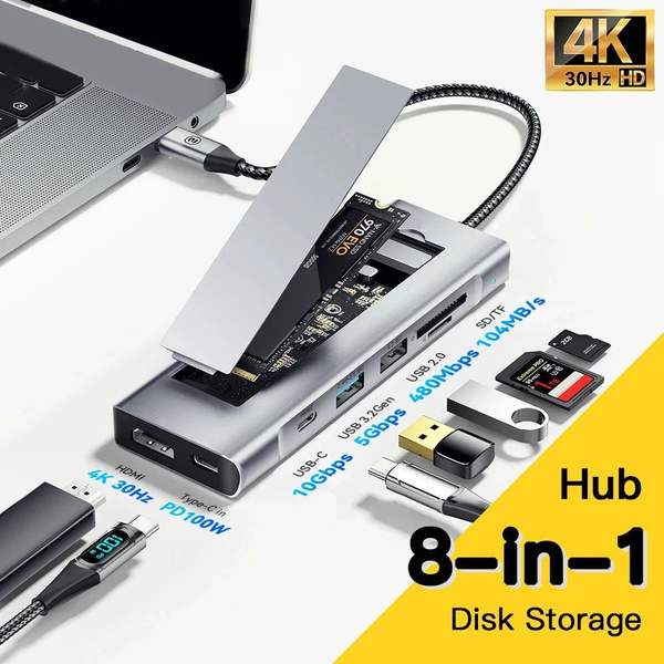 USB-концентратор 8-в-1 с функцией хранения диска USB Type-c к HDMI ...