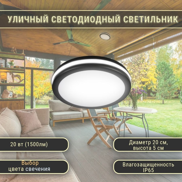 Светильник уличный потолочный влагозащищенный светодиодный 20вт черный ...