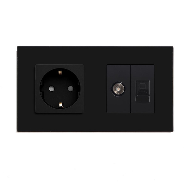 Розетка электрическая+RJ45 ТВ-Компьютер 2 поста 220В 16А Стекло Рамка ...