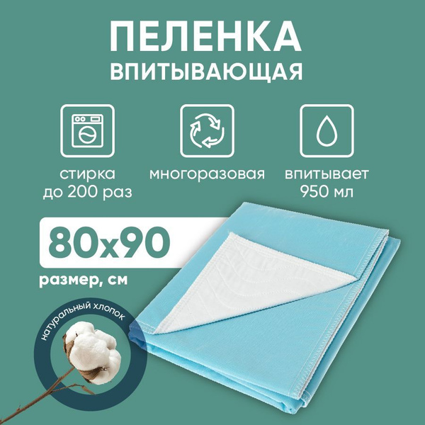 Многоразовая впитывающая пеленка BESIDE волны 80x90 см, хлопок ...