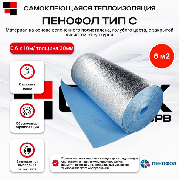 Отражающая теплоизоляция Пенофол фольгированный тип С толщина 20 мм 0,6 ...