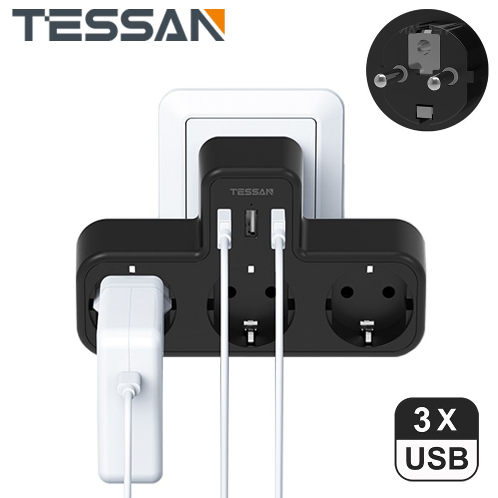 АдаптерTESSANс3розетками,3USB-портами,черный