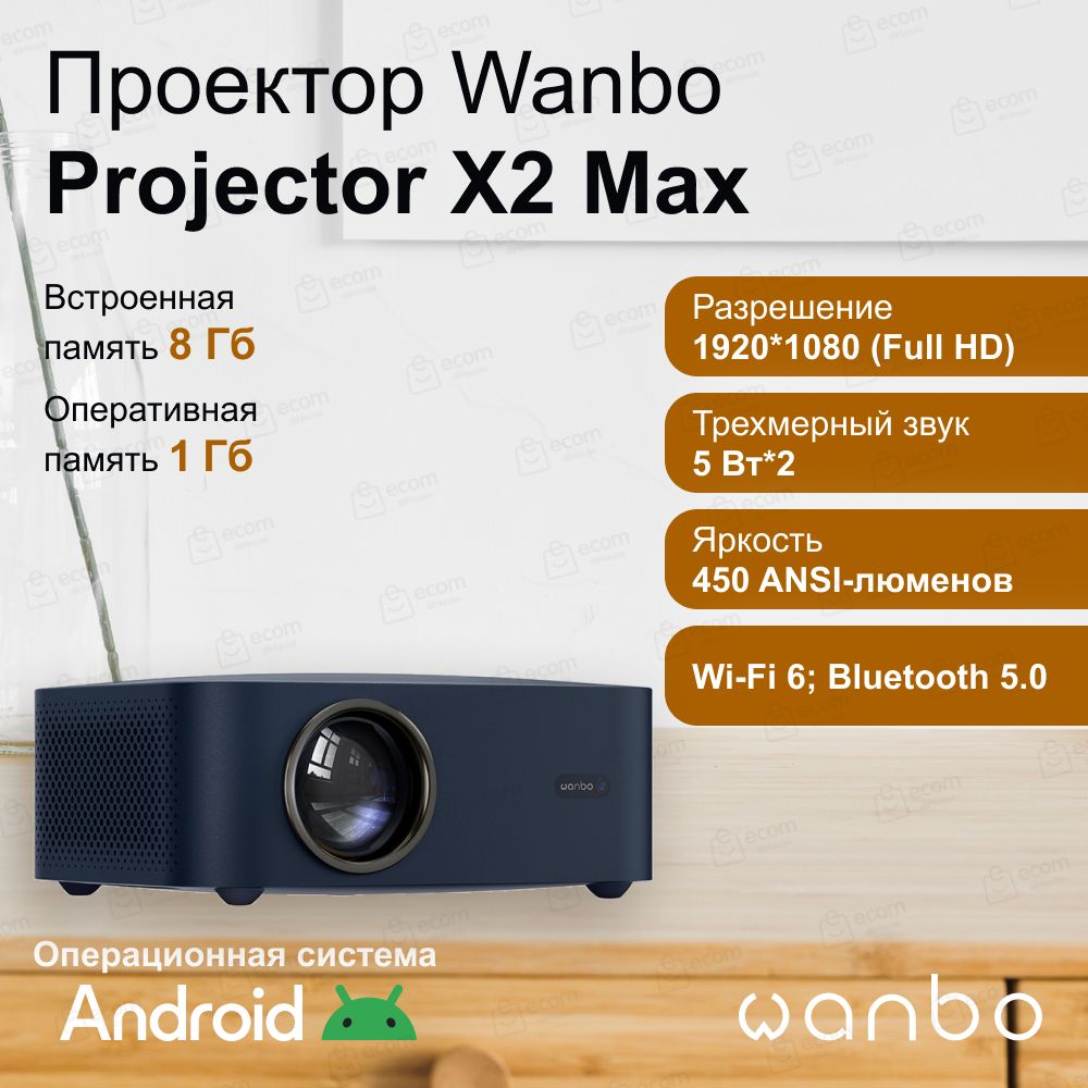 ПортативныйпроекторWanboProjectorX2Max(Android9.0,1080P,1+8G,EU,синий)