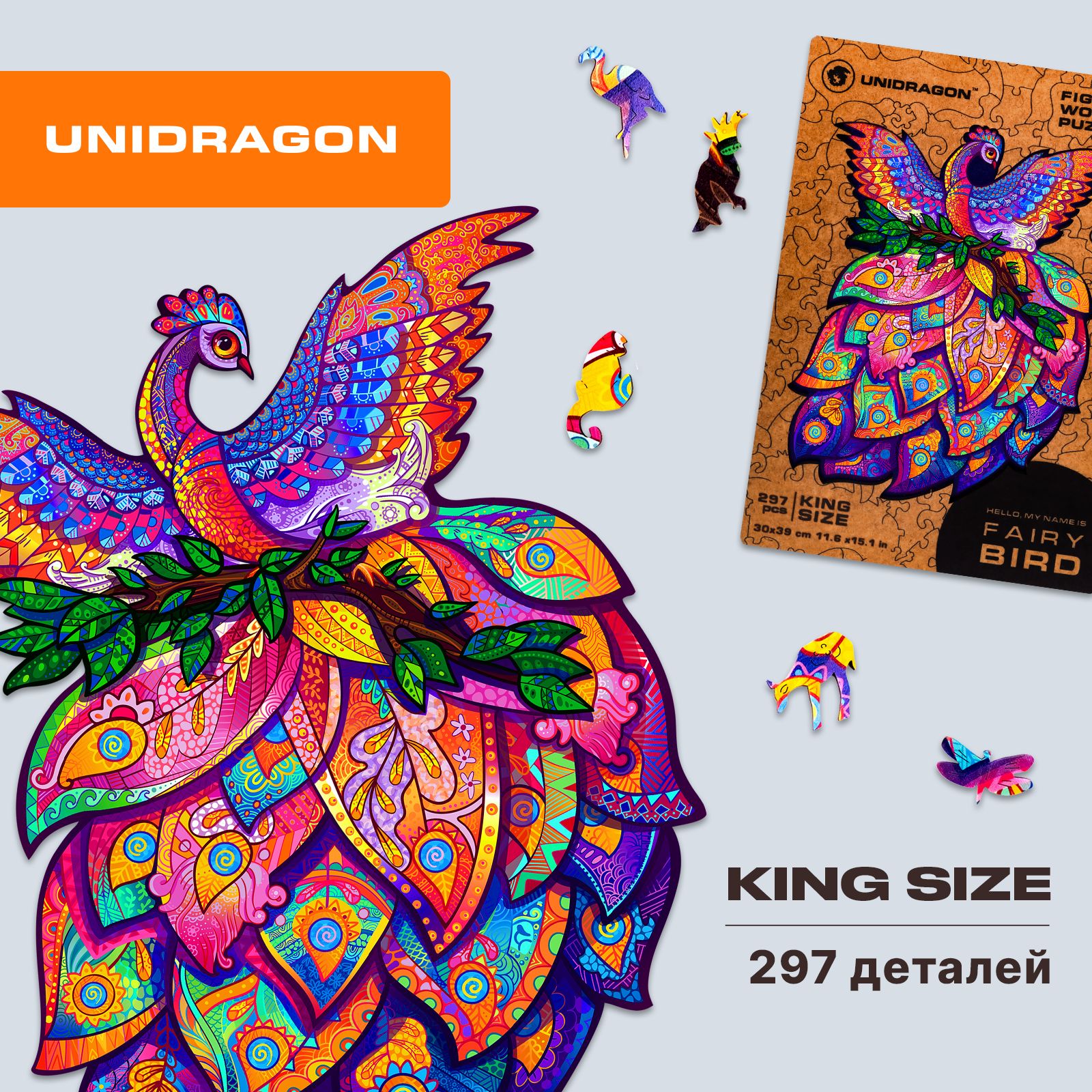 Деревянный пазл для взрослых и детей UNIDRAGON Original комплект в подарочной коробке / ЮНИДРАГОН Puzzle Сказочная Птица Подарок 30 x 39 см, 297 деталей - KS / Головоломка Фигурные пазлы из дерева