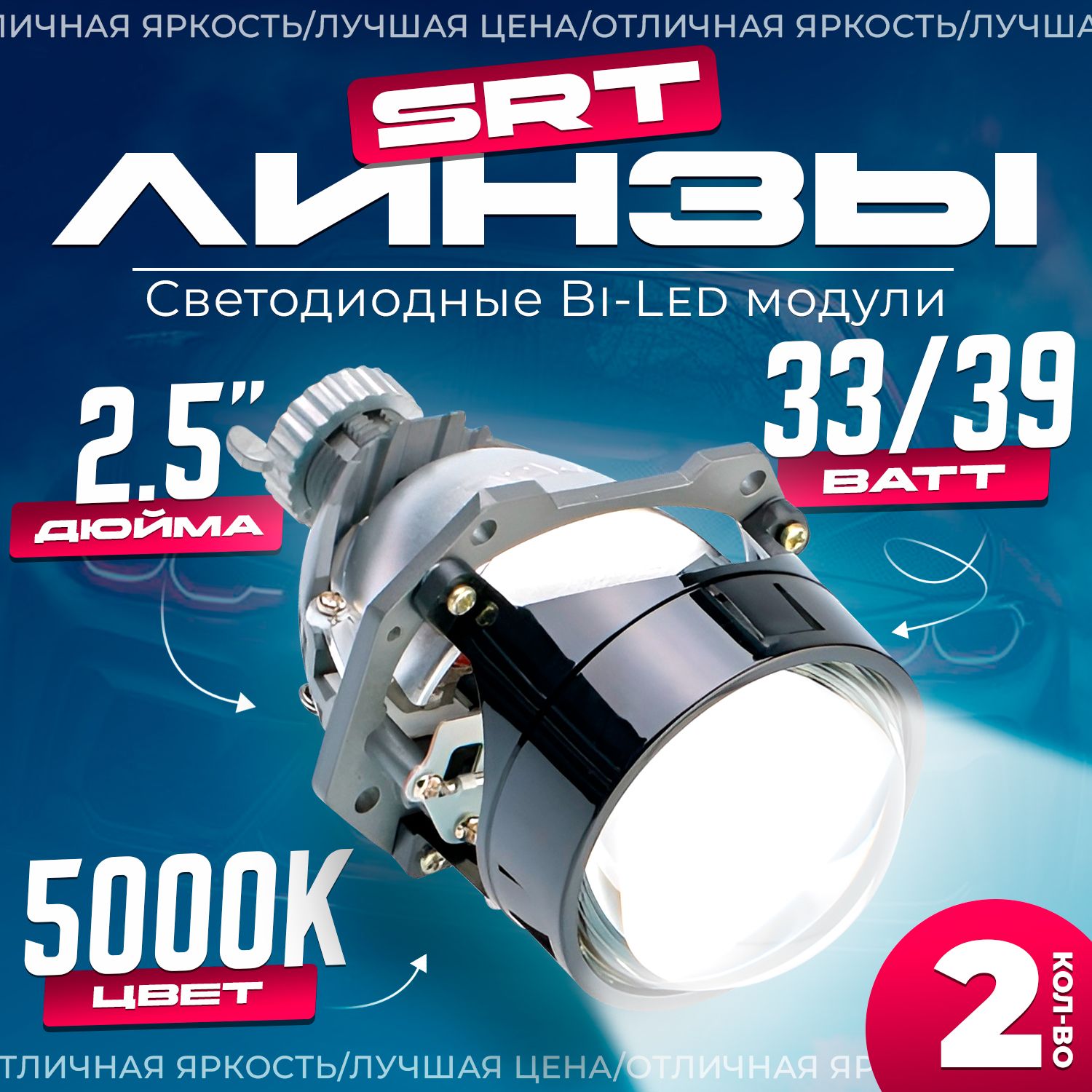 Светодиодные линзы в фары biled Optima Series Reflector Technology 2.5  дюйма 5000К 2 шт