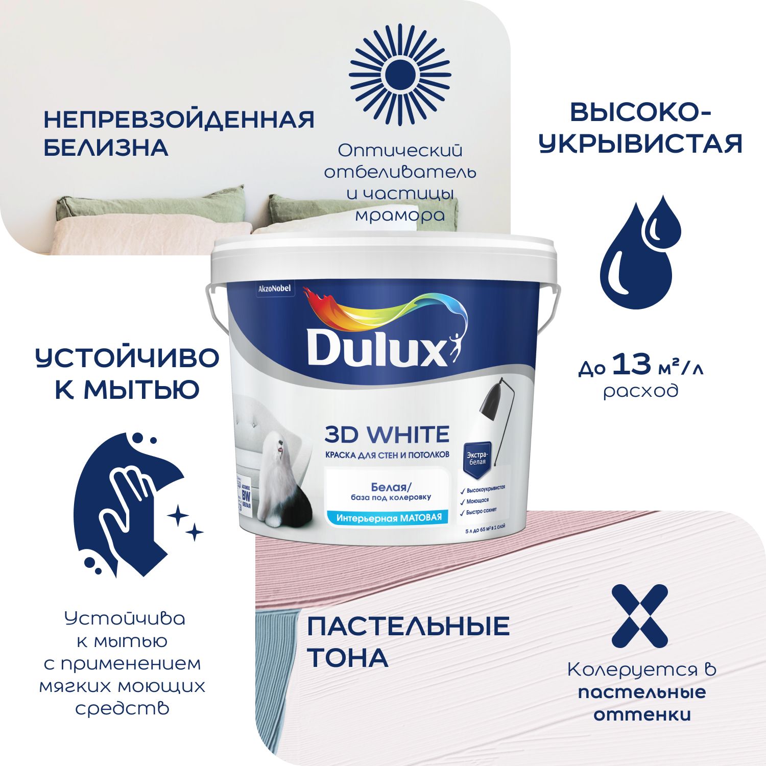 DULUX 3D WHITE / Дюлакс 3Д краска для стен и потолков, ослепительно белая, матовая, база BW (2,5 л) (Дюлакс, Дулюкс)