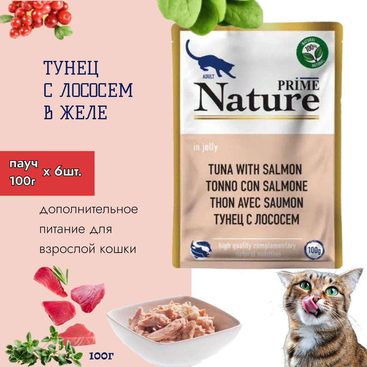 PRIME NATURE пауч в желе Тунец с лососем для кошек, 100г - купить с  доставкой по выгодным ценам в интернет-магазине OZON (1488620980)