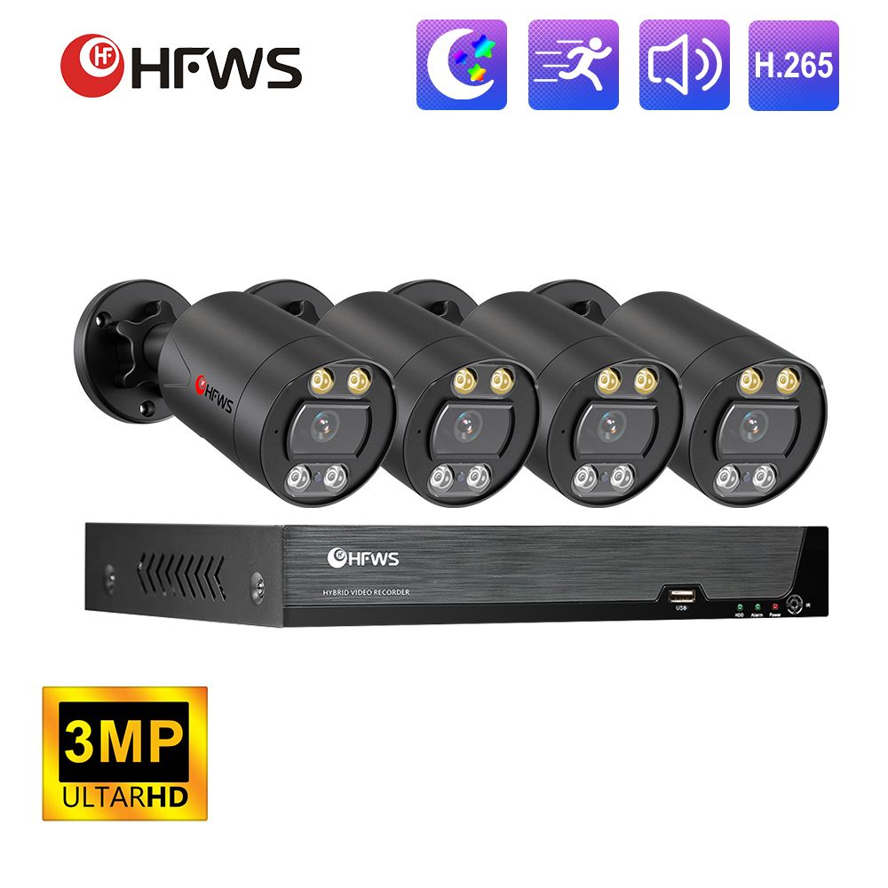 Готовыйкомплектвидеонаблюденияуличная,HFWVISIONPOE8портов,на4уличныекамеры3МП,APP:XMEyePro
