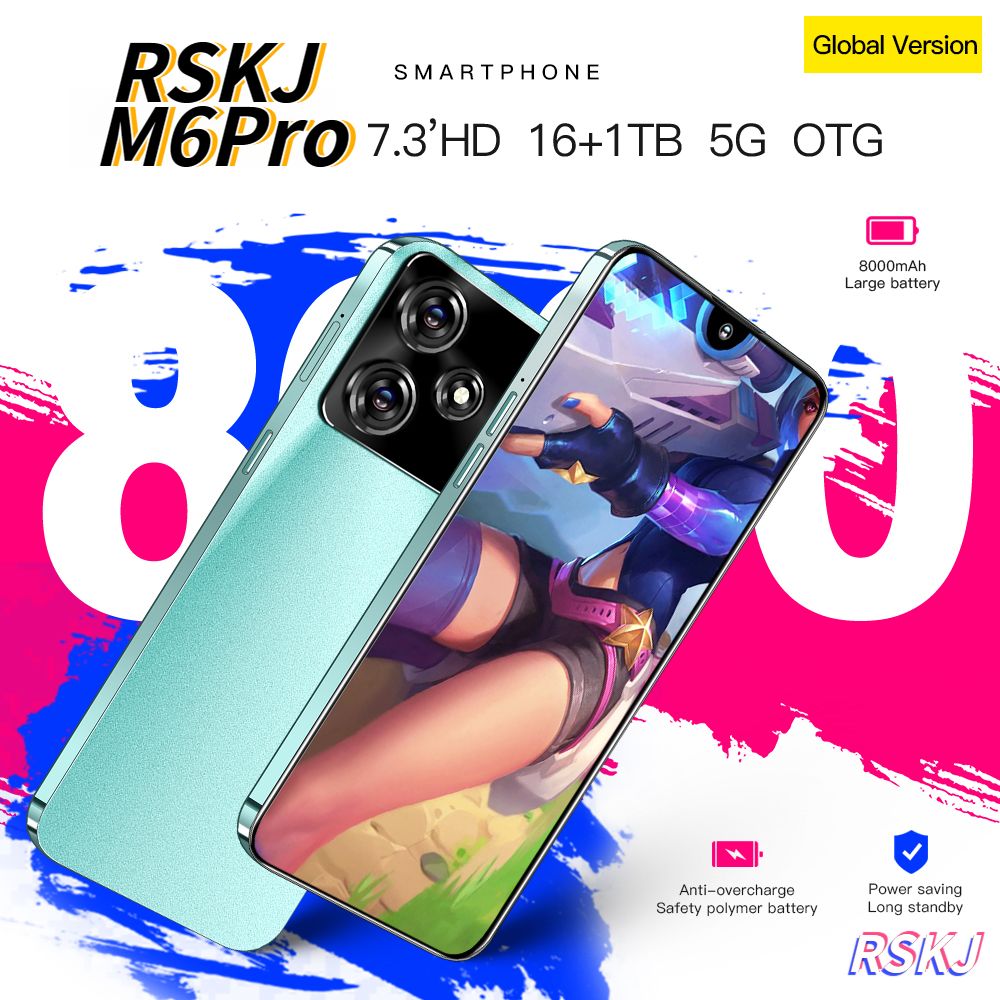 RSKJ Смартфон M6 Pro /7,3 - дюймовый HD + incell / Быстрая зарядка/ OTG /  Бесплатная карта памяти 128 ГБ EU 16/1 ТБ, зеленый