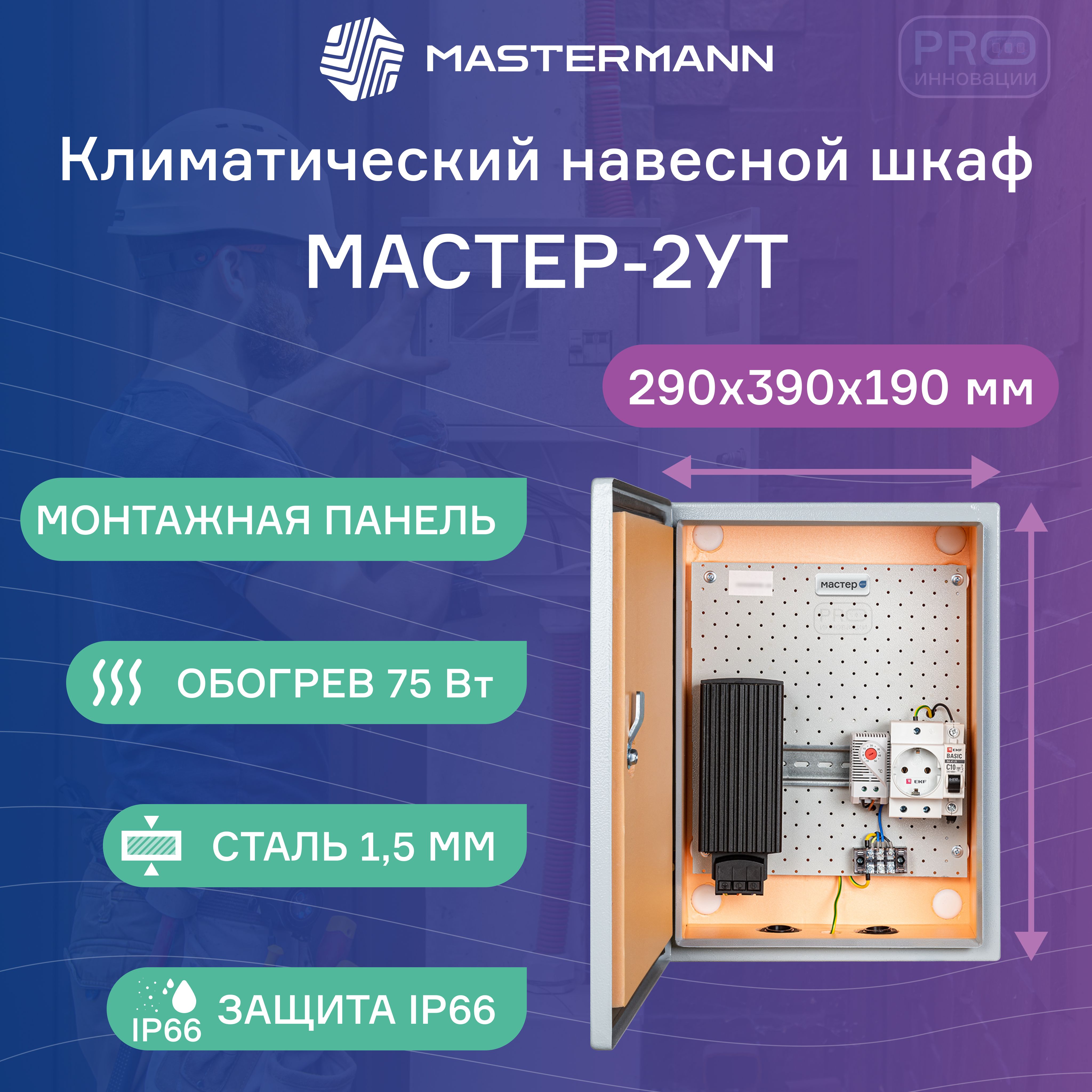 ТермошкафуличныйнавеснойМАСТЕР-2УТ(290х390х190мм)свстроеннойсистемойобогревана75Вт,IP66