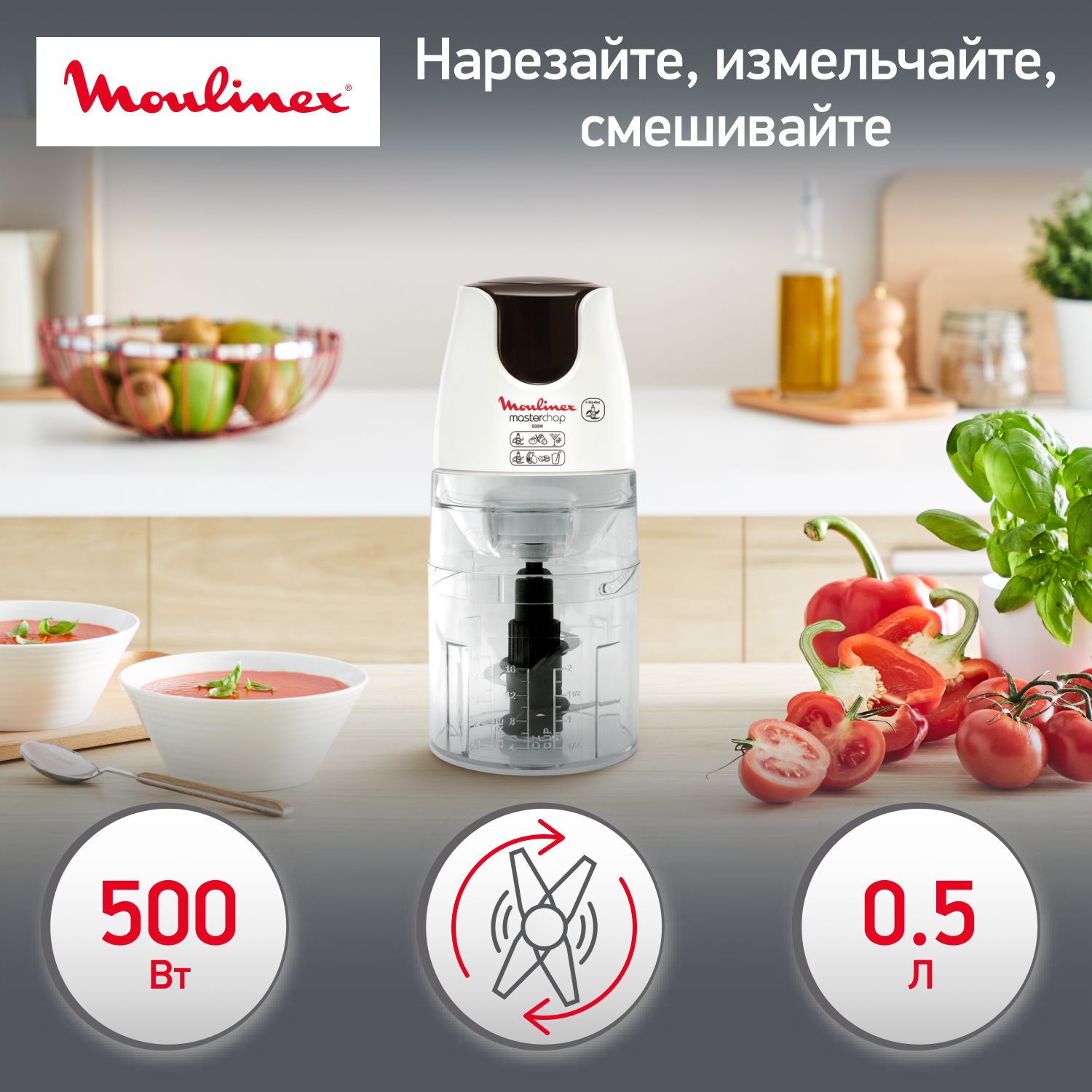 ИзмельчительэлектрическийMoulinexMasterchopDJ450B10белый/черный,мощность500Вт,объемчаши0.5л