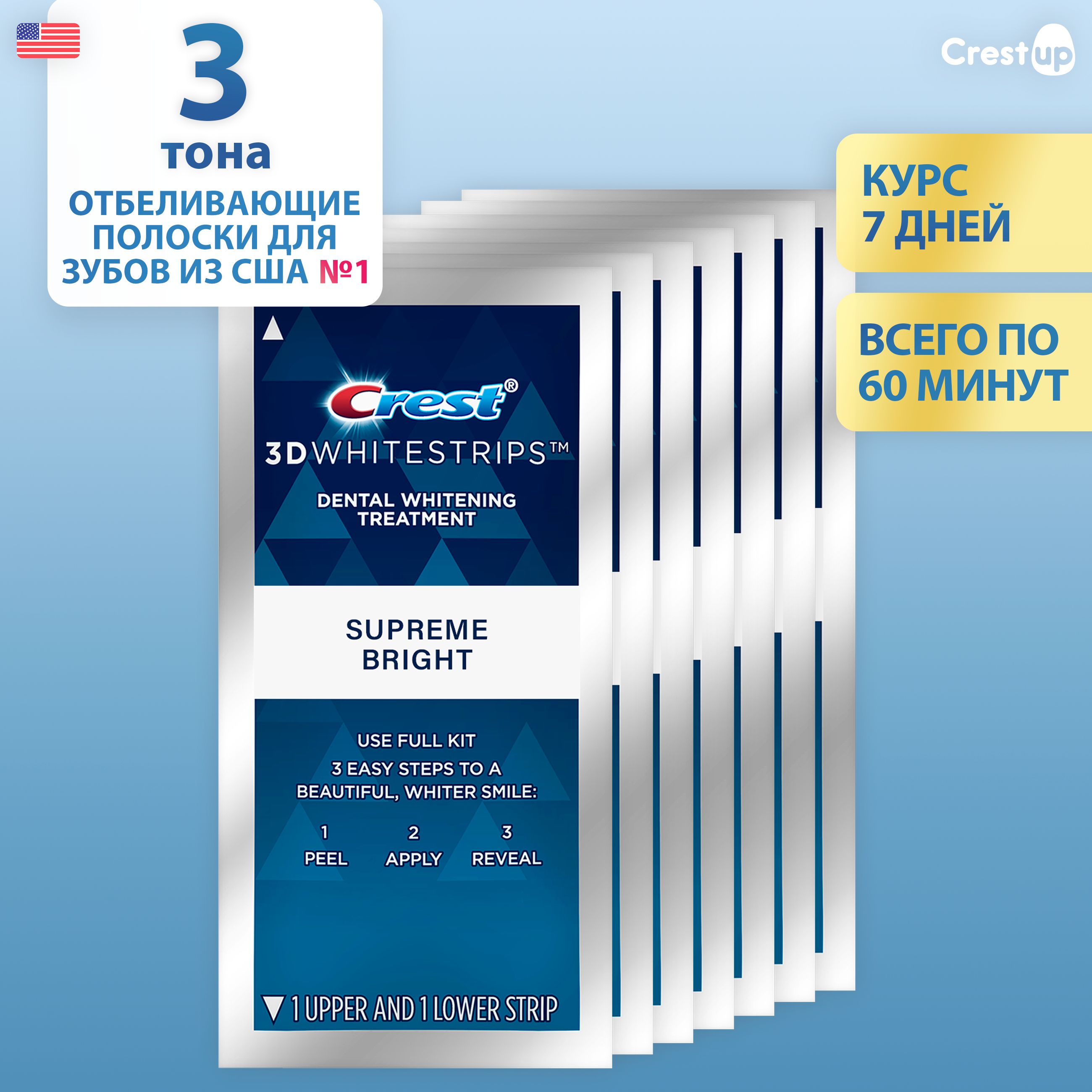 Отбеливающие полоски для зубов Crest 3D Whitestrips Supreme Bright (7 пакетиков)