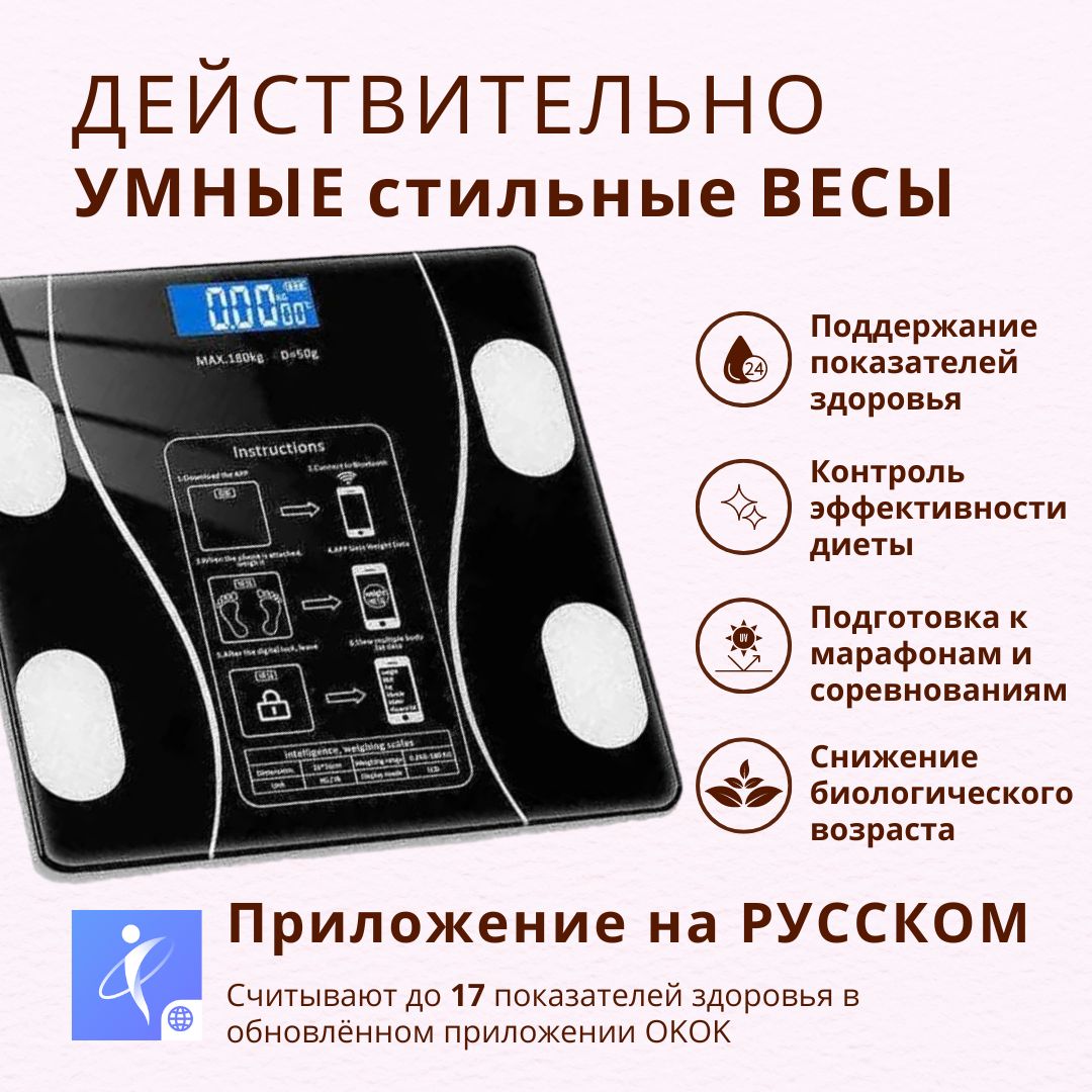 Умные весы напольные электронные OKOK PRO (Bluetooth Smart Scale) до 180 кг , напольные весы диагностические