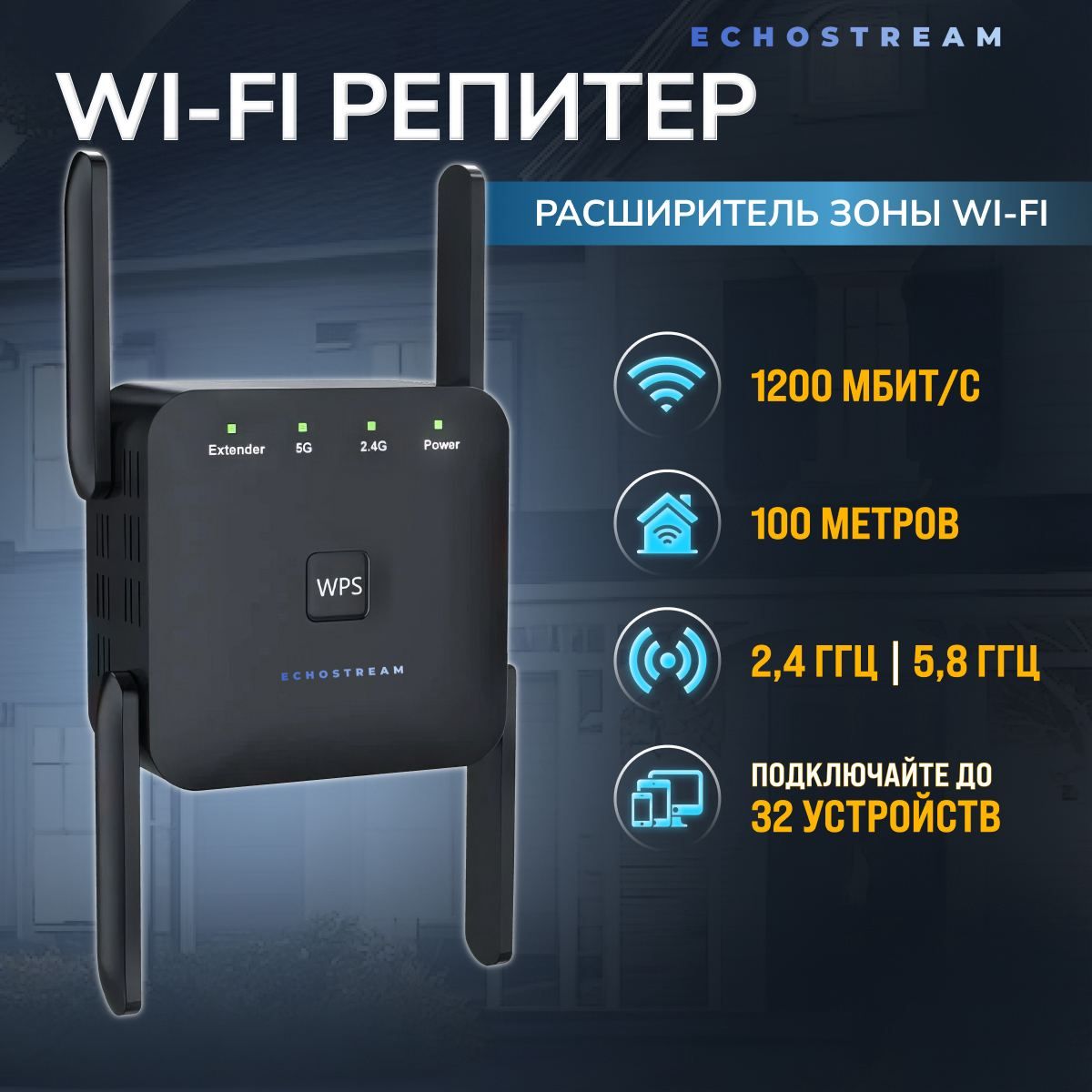 Усилитель сигнала Wi-Fi Echostream; Двухдиапазонный усилитель Wi-Fi 2,4G 5G; Повторитель с 4 внешними антеннами; Репитер