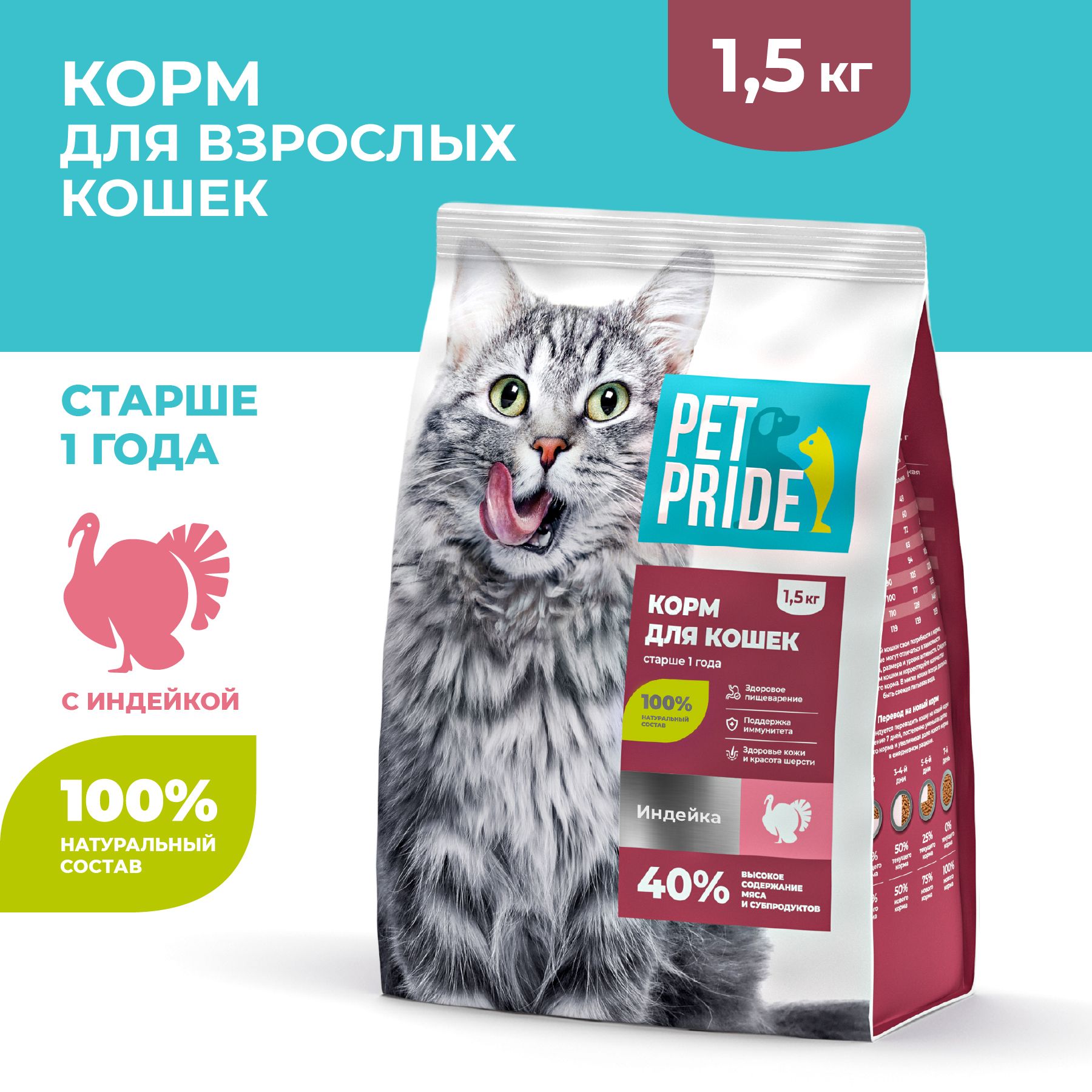 Сухой корм для кошек PET PRIDE с индейкой, 1,5 кг