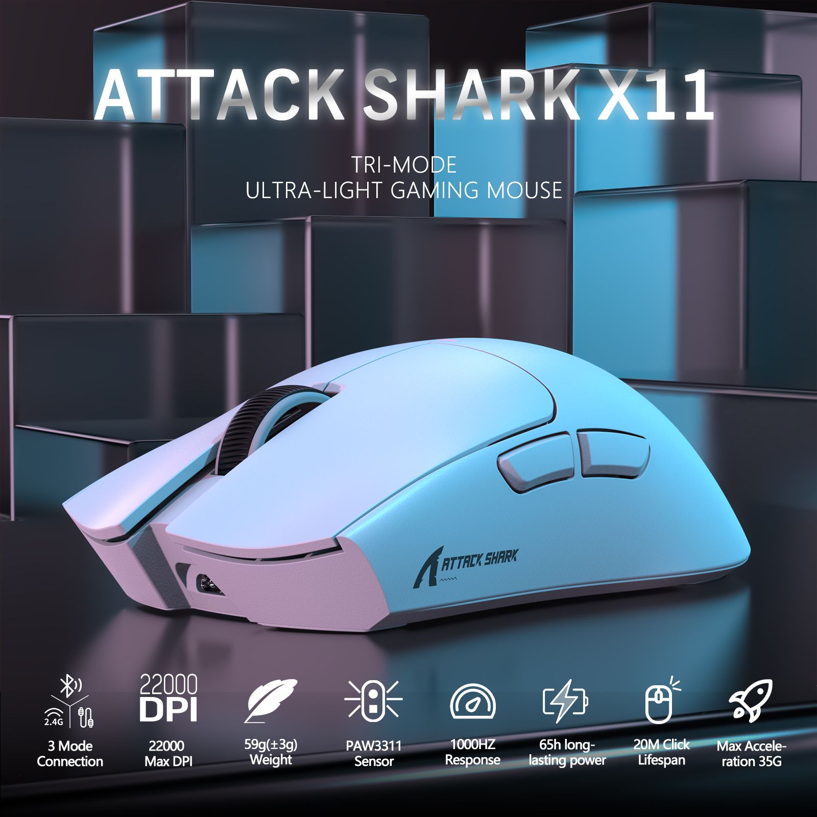 ATTACKSHARKИгроваямышьбеспроводнаяX11Беспроводнаясмагнитнойзаряднойдок-станциейRGB,белый