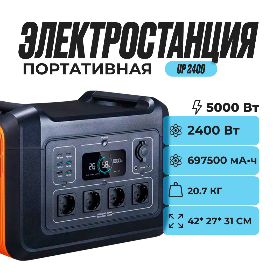 Аккумулятор,ПортативнаяэлектростанцияUP2400220В,Внешнийаккумулятор697500мА*ч,Сменнаябатарея2400Вт