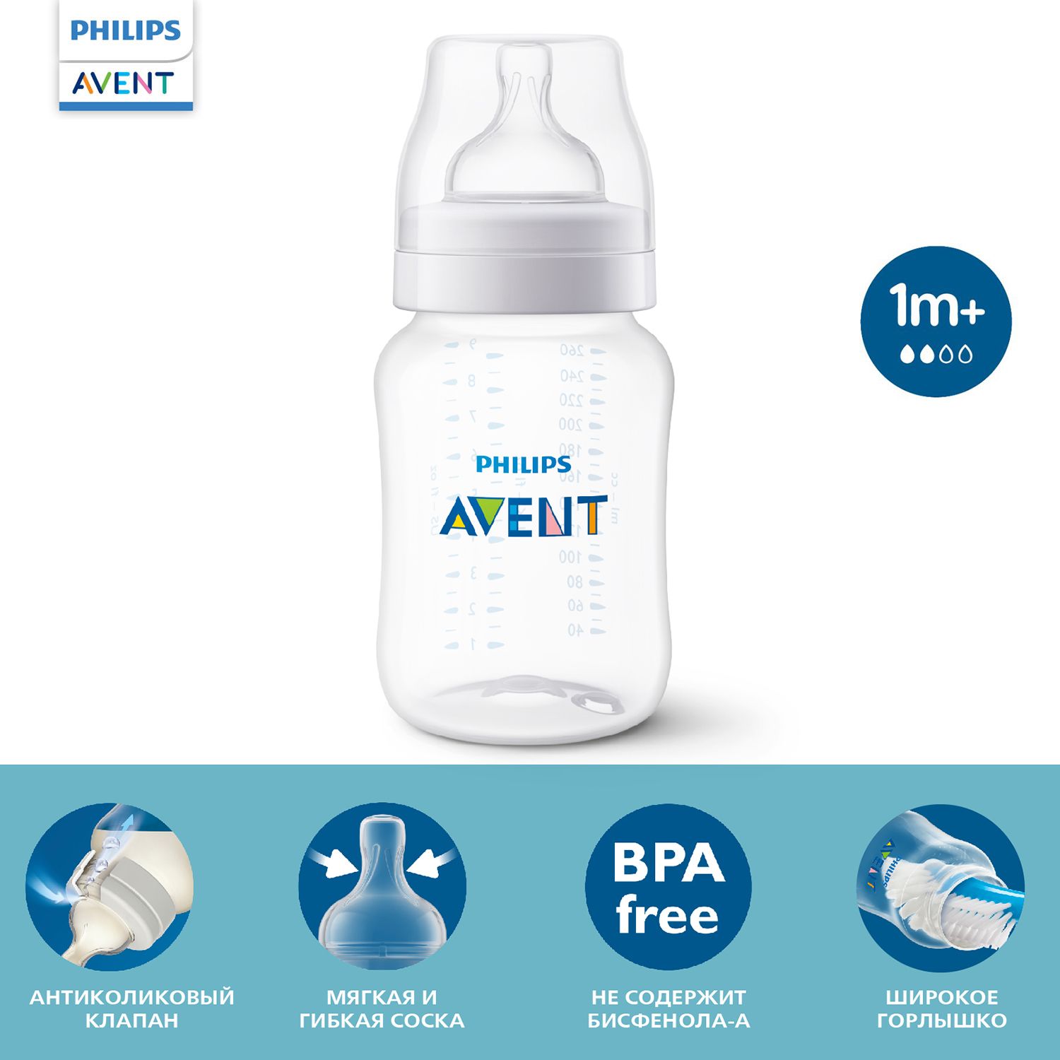 Бутылочка для кормления Philips Avent Anti-colic SCY103/01, 260 мл, 1 мес+, 1 шт, с антиколиковым клапаном