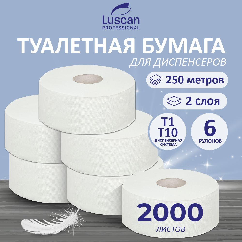 Туалетная бумага Luscan Professional, для диспенсера, 2 слоя, 6 рулонов по 250 метров