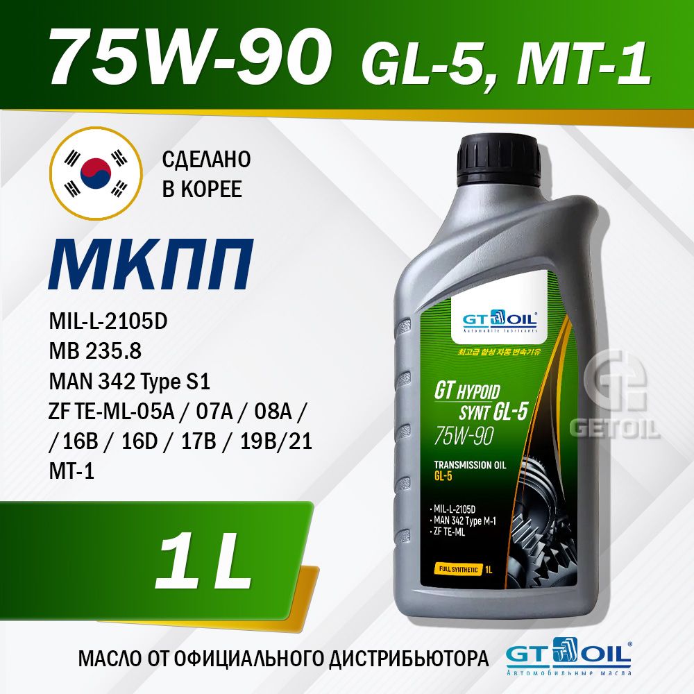 Масло трансмиссионное GT OIL HYPOID SYNT GL-5 75W-90, синтетическое, 1 л