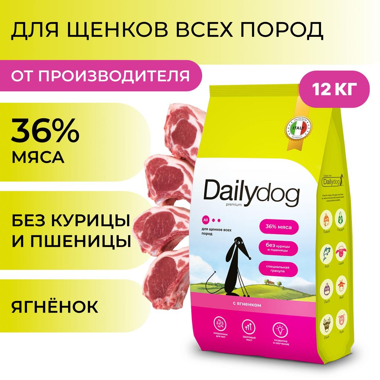 Сухой корм Dailydog для щенков всех пород, с ягнёнком, 12 кг