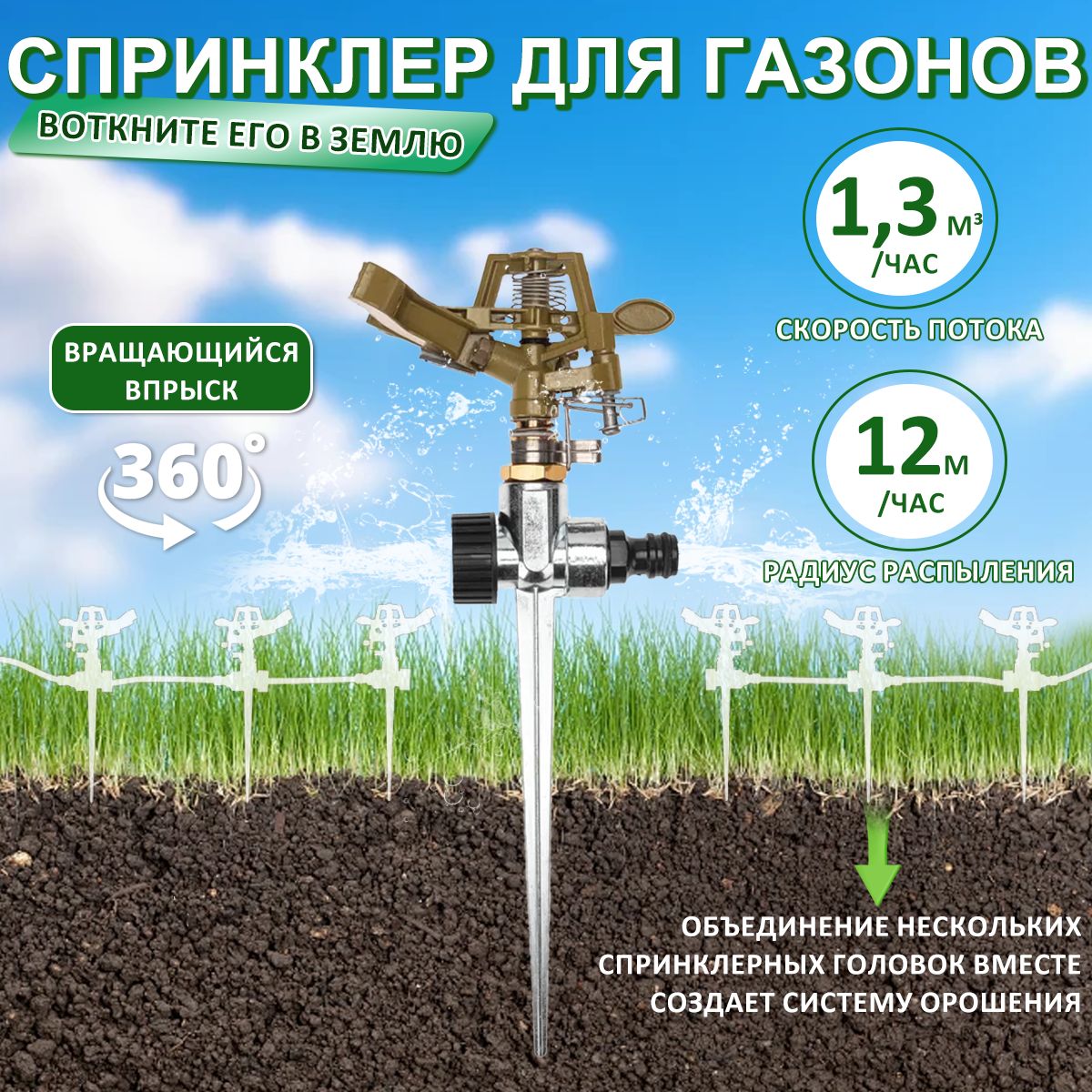 Импульсный разбрызгиватель/разбрызгиватель садовый вращающийся металлический