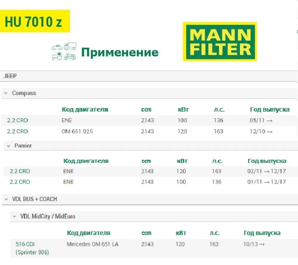 MANN FILTER Фильтр масляный арт. HU7010Z, 1 шт.