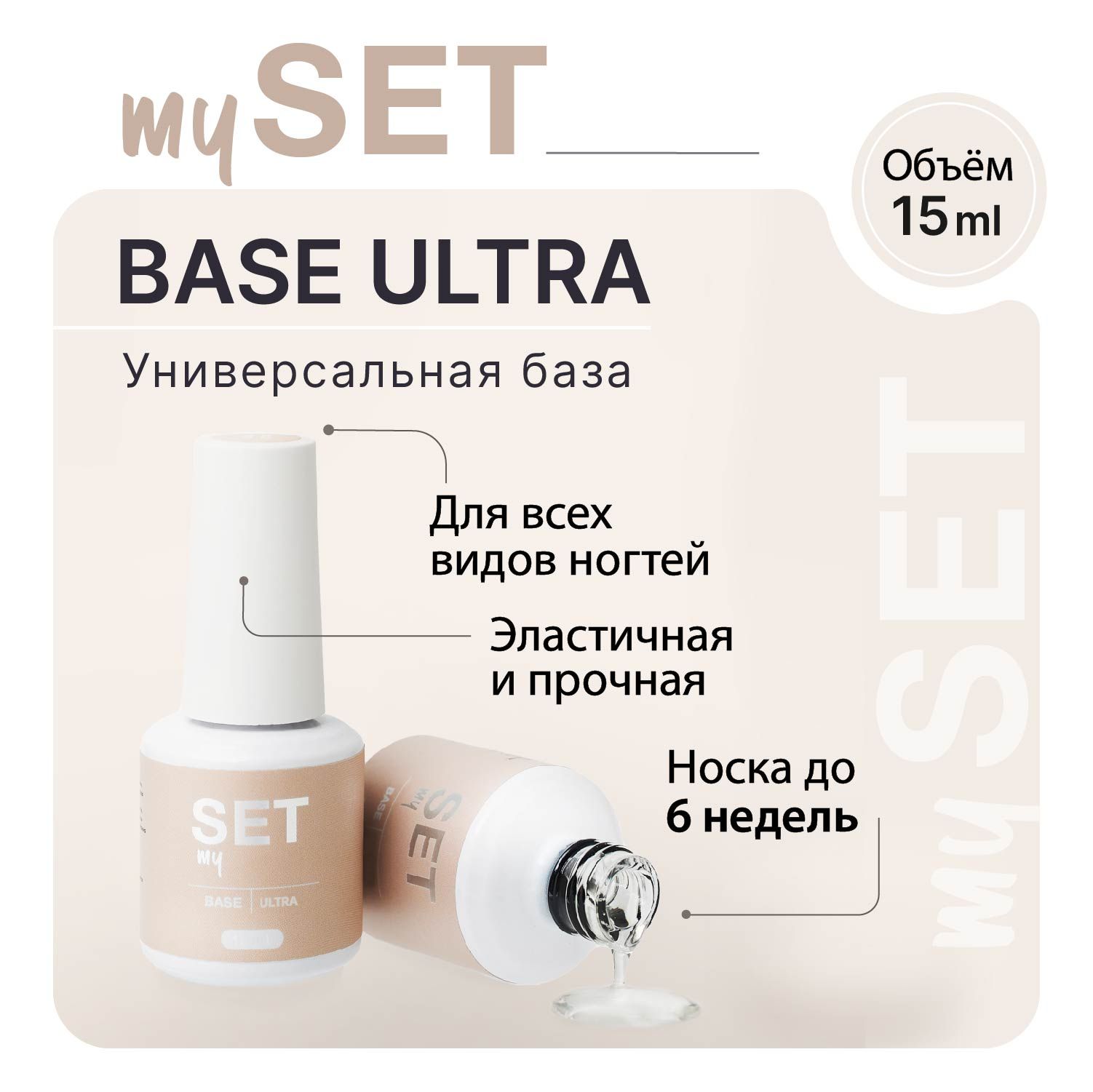 База для ногтей прозрачная, каучуковая самовыравнивающаяся 15мл Base Ultra My SET