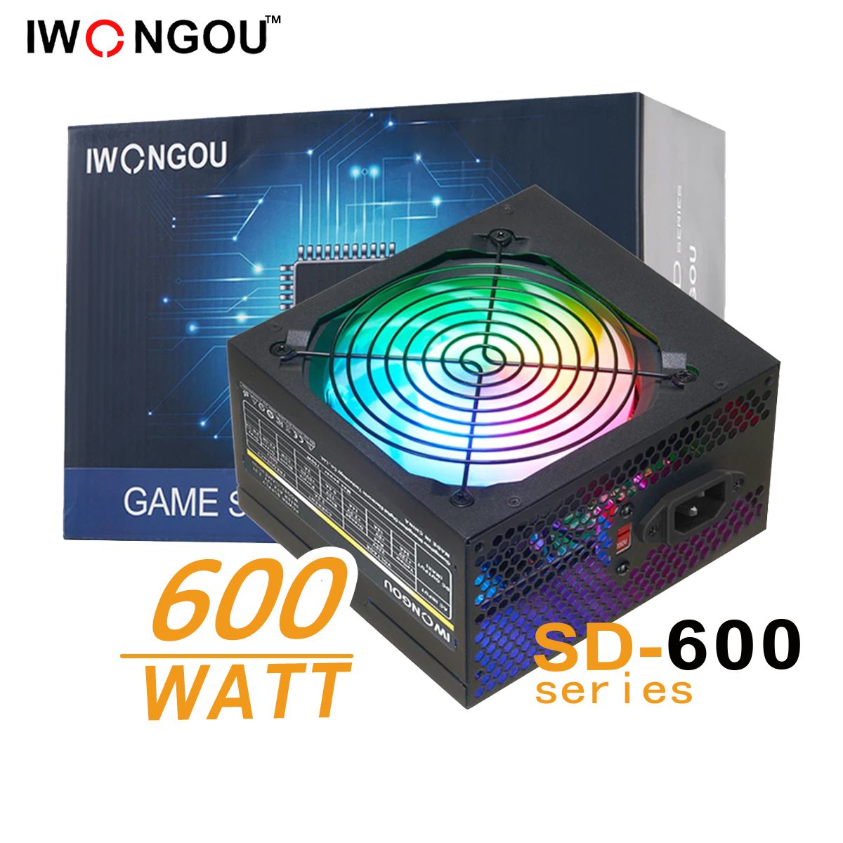 блок питания для пк IWONGOU 600W (SD600) ATX,12CM кулер ,20+4P,1*CPU(4+4),1*PCI-E(6+2),3*SATA,1*Molex, кабель питания