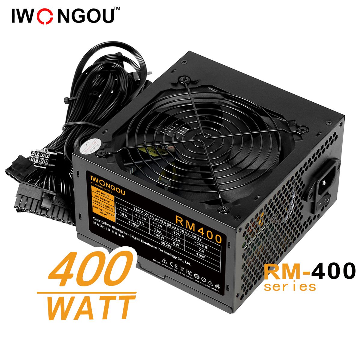 блокпитаниядляпкIWONGOU400W(RM400)ATX,12CMкулер,20+4p,1*CPU(4+4),1*PCI-E6pin,3*SATA,3*IDE,кабельпитания