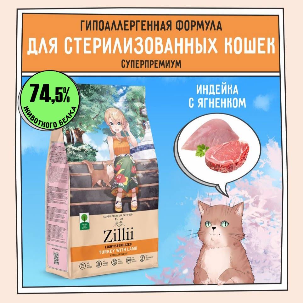 Сухой корм для стерилизованных кошек и кастрированных котов 2 кг, гипоаллергенный ZILLII (Зилли), Индейка с Ягнёнком