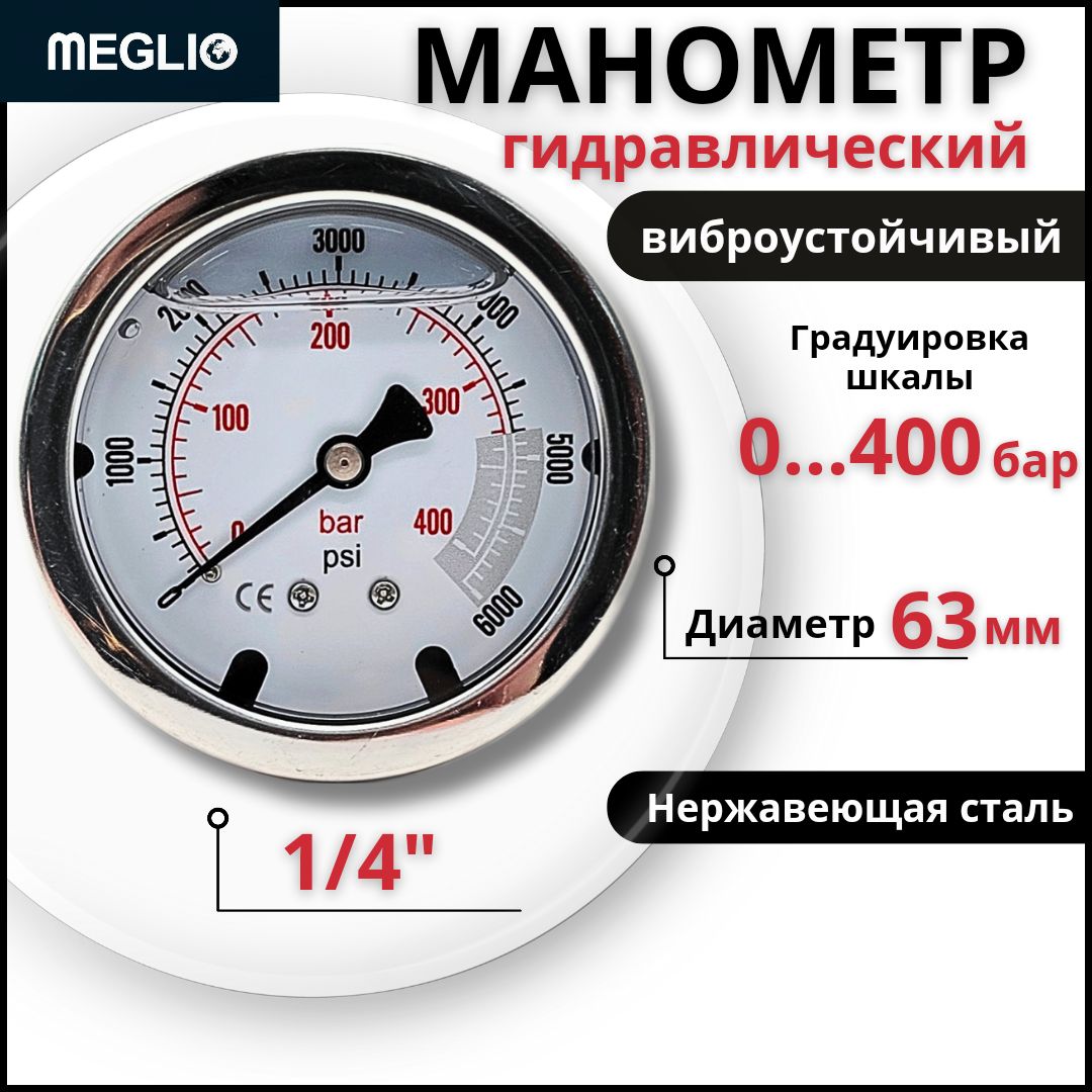 MEGLIO Манометр гидравлический виброустойчивый 400 бар заднее крепление 1/4" 63 мм