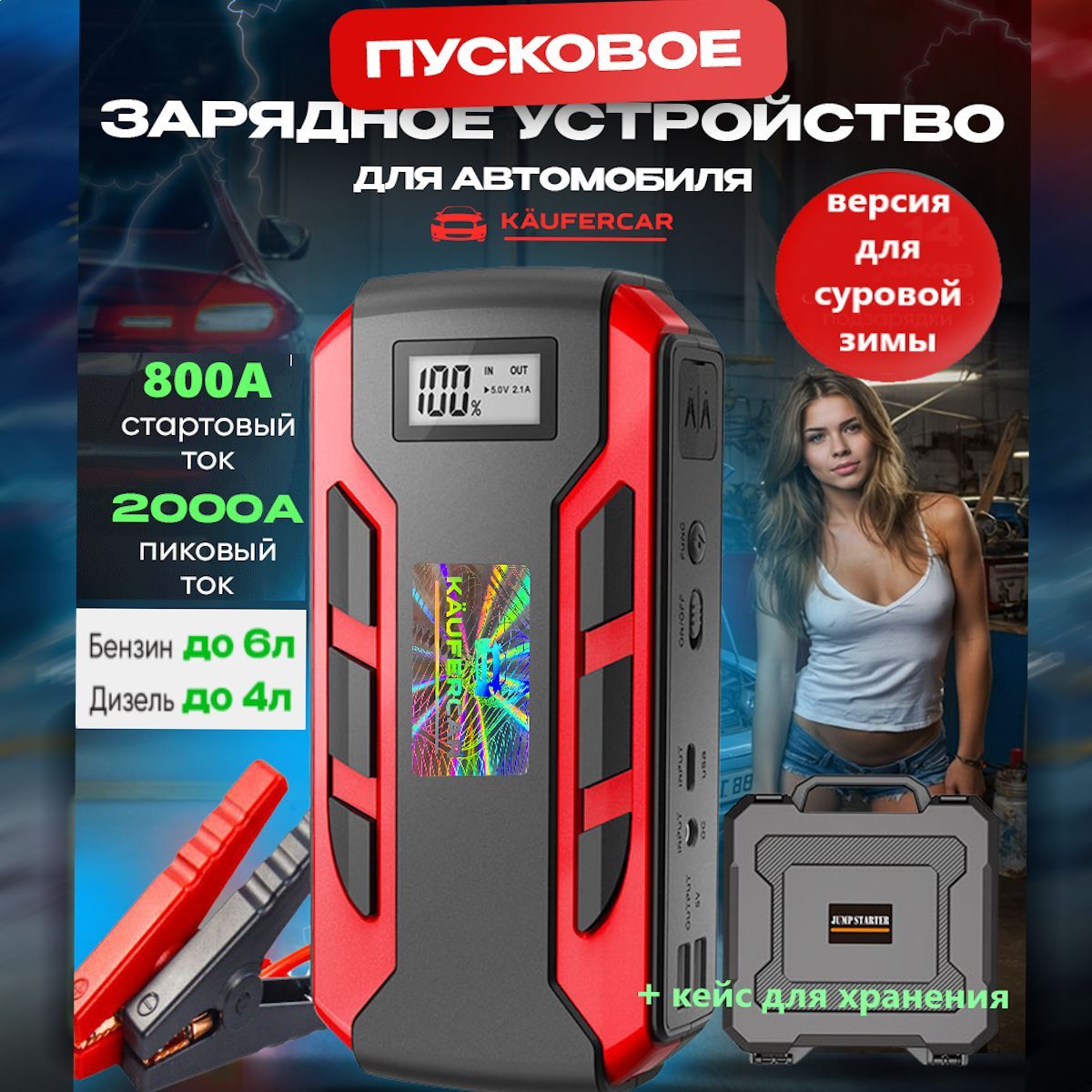 Пуско зарядное устройство для автомобиля с аккумулятором 12000 mAh / Пусковое ПЗУ бустер джамп стартер зарядник автостарт