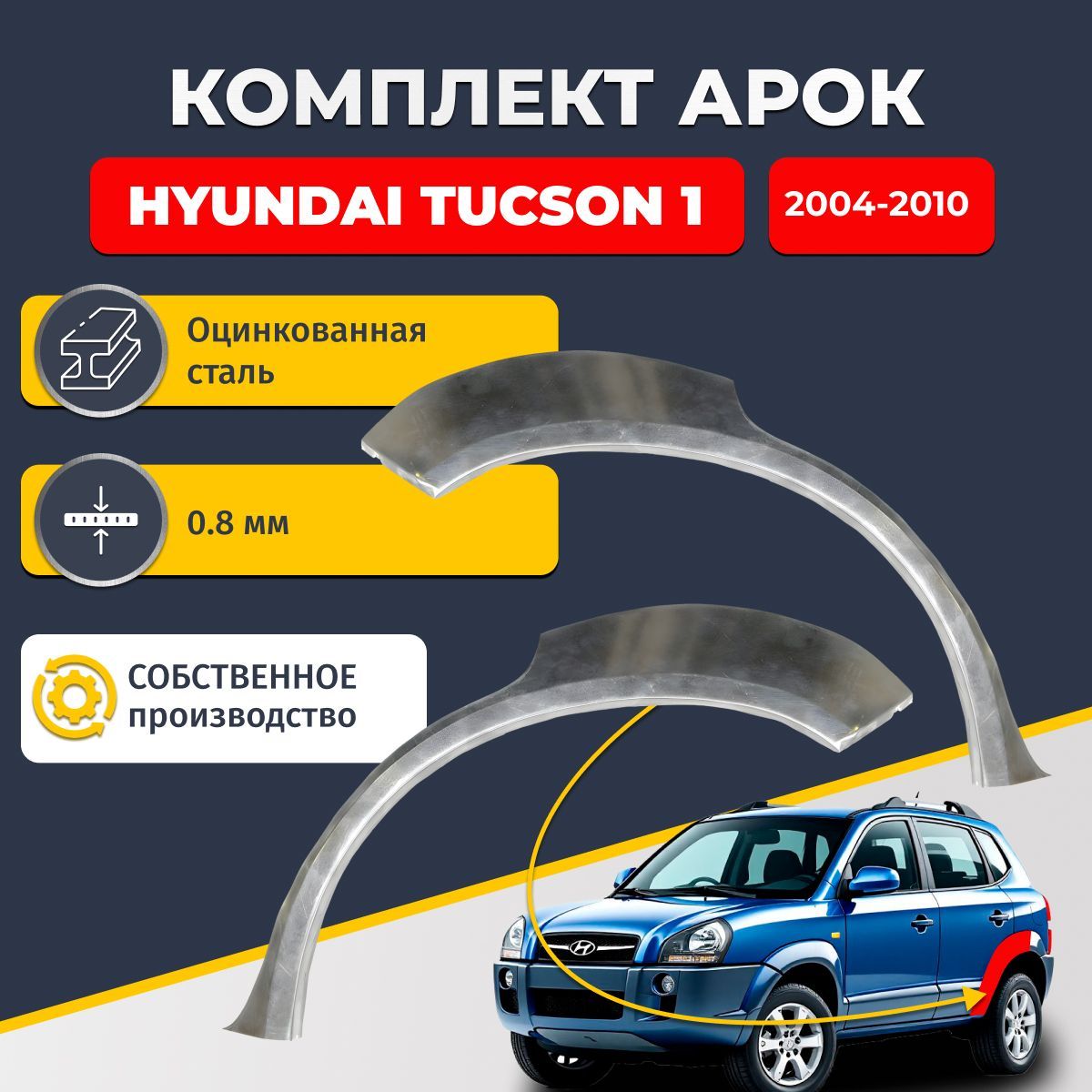 Комплект задних ремонтных арок для автомобиля (2 шт.), Hyundai Tucson 1 2004-2010(Хендай Туссан / Туксон). Оцинкованная сталь 0,8 мм.