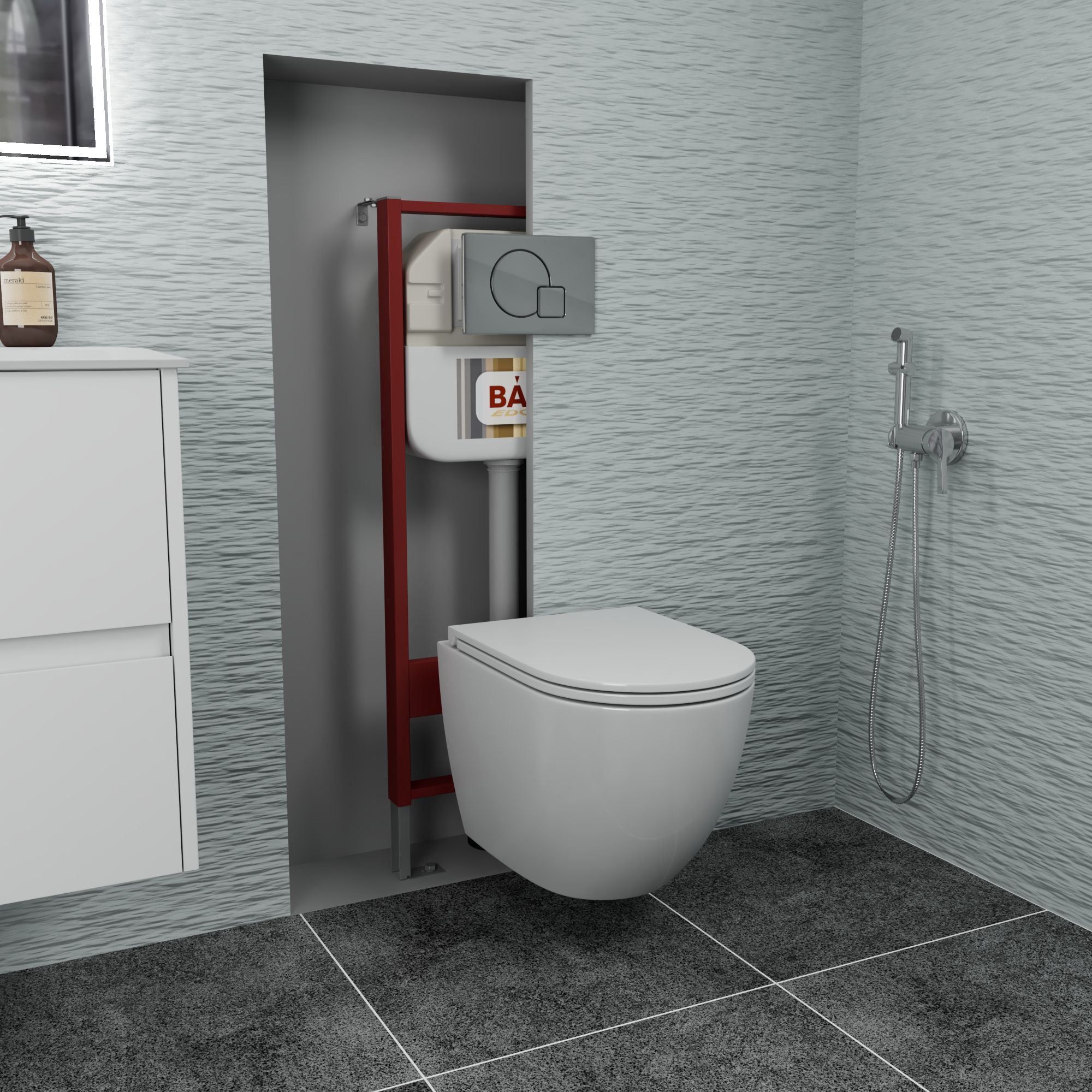 Комплект BAU 6 в 1: рамная инсталляция BAU NEO 45, унитаз подвесной безободковый, со смывом торнадо Grossman Hurricane 3, сиденье дюропласт микролифт, клавиша хромированная Aquanika Omega