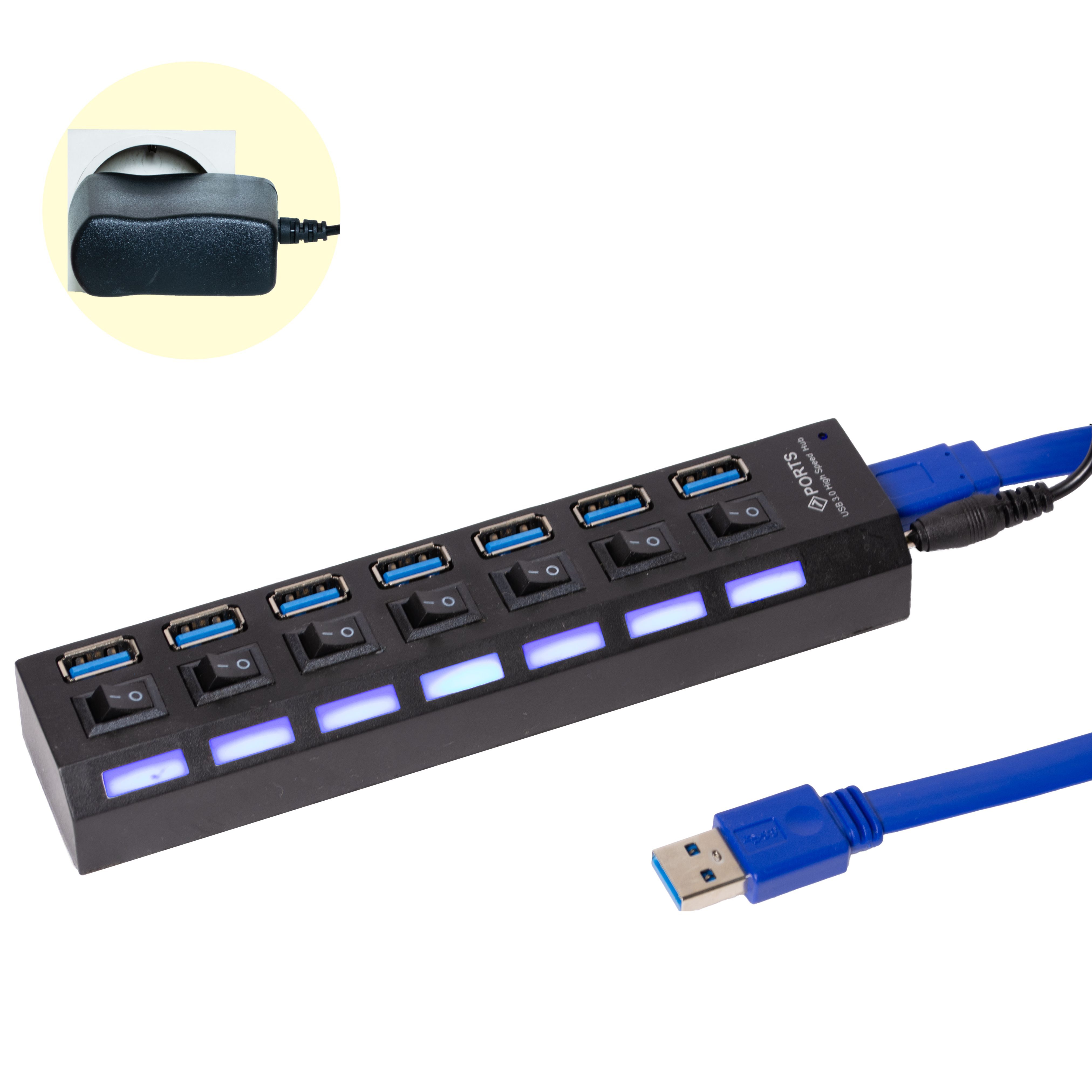 АктивныйUSB-концентратор(Хаб)на7портоспитаниемGSMINAR-21USB3.0+6xUSB2.0ссетевымадаптером(50см)(USB3.0-AM/MicroBM)(Черный)