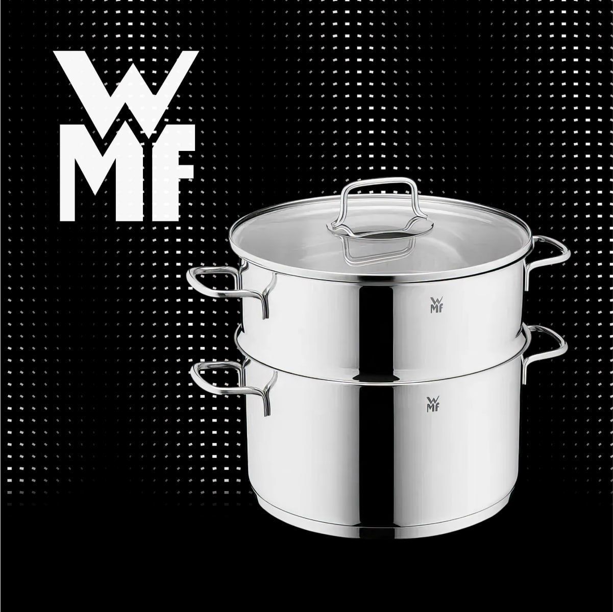 Кастрюля пароварка WMF Astoria 24 см, двухуровневая, для всех типов плит, включая индукционные, из нержавеющей стали со стеклянной крышкой