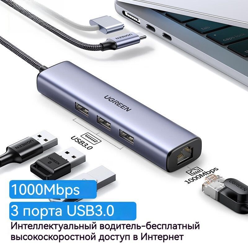 UGREEN USB концентратор 4 в 1 (хаб),Сетевой порт(1000Mbps),3xUSB 3.0,Модель: 20920