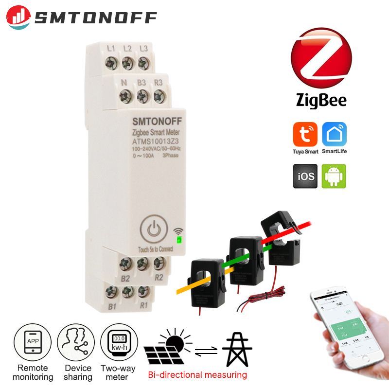 SMTONOFF Tuya Zigbee трехфазный умный двунаправленный счетчик с разделенным сердечником трансформатора тока 3P4W 1-100A