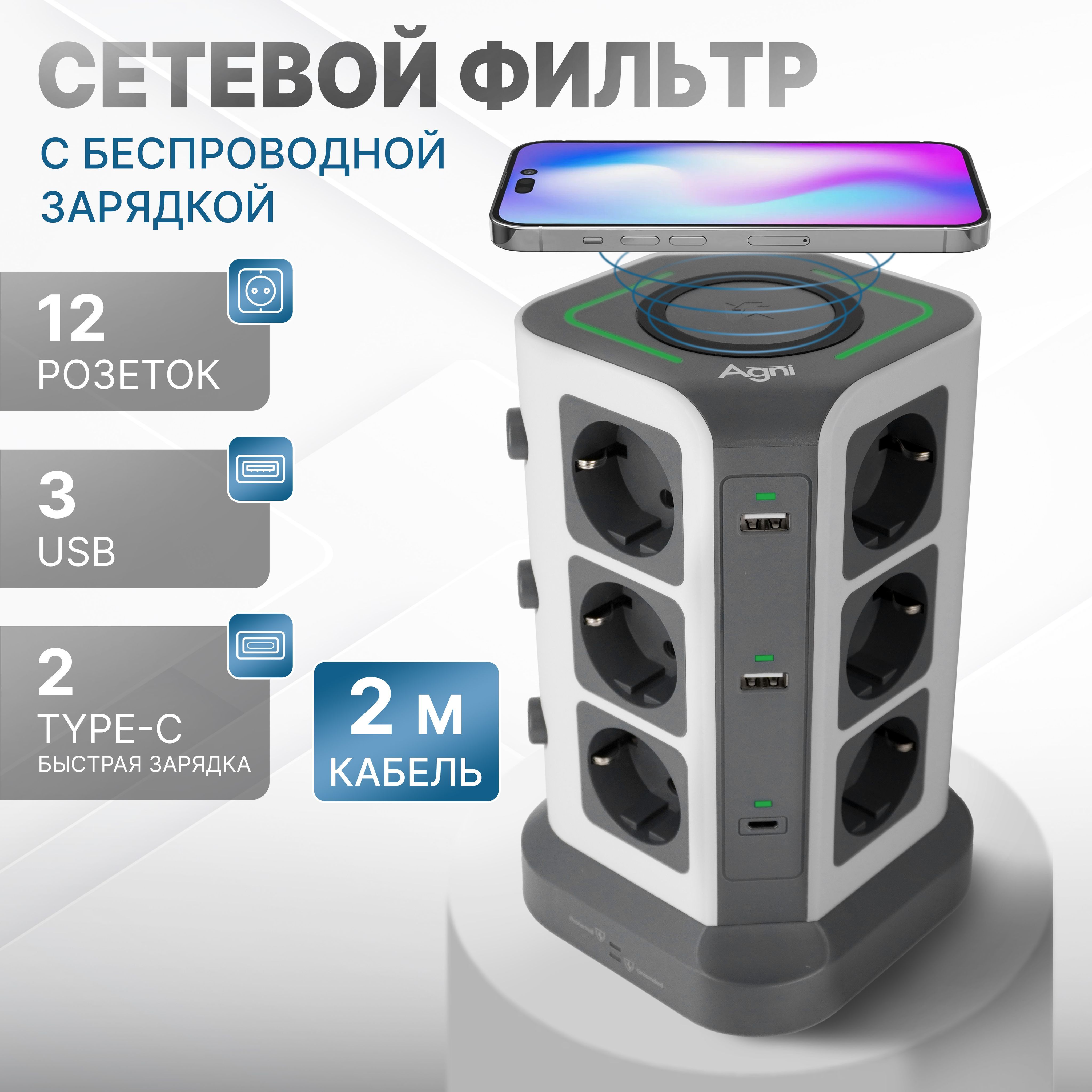 Сетевойфильтр,AGNI12розеток,беспроводнаязарядка15Вт,USB+Type-C65W,удлинитель2м