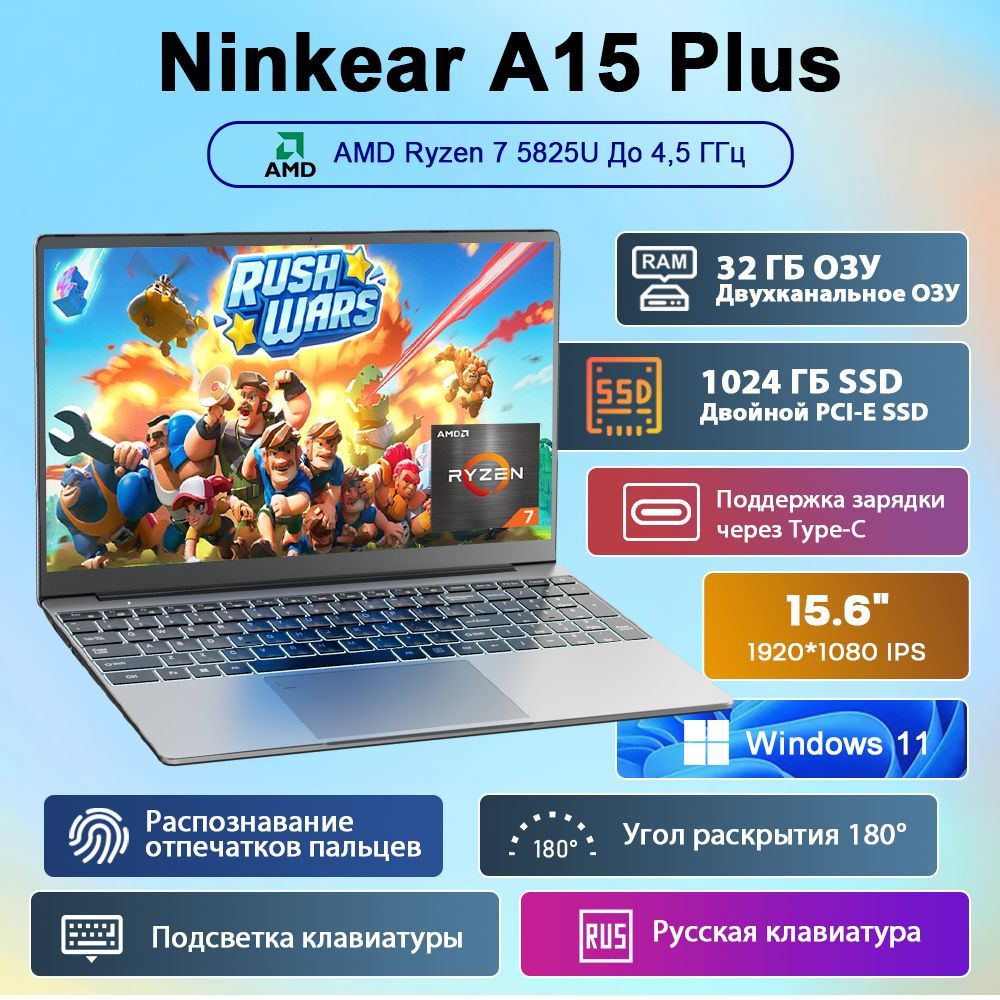 Ninkear A15PLUS_A15PLUS Игровой ноутбук 15.6", AMD Ryzen 7 5825U, RAM 32 ГБ, SSD 1024 ГБ, AMD Radeon Graphics, Windows Pro, серый металлик, Русская раскладка