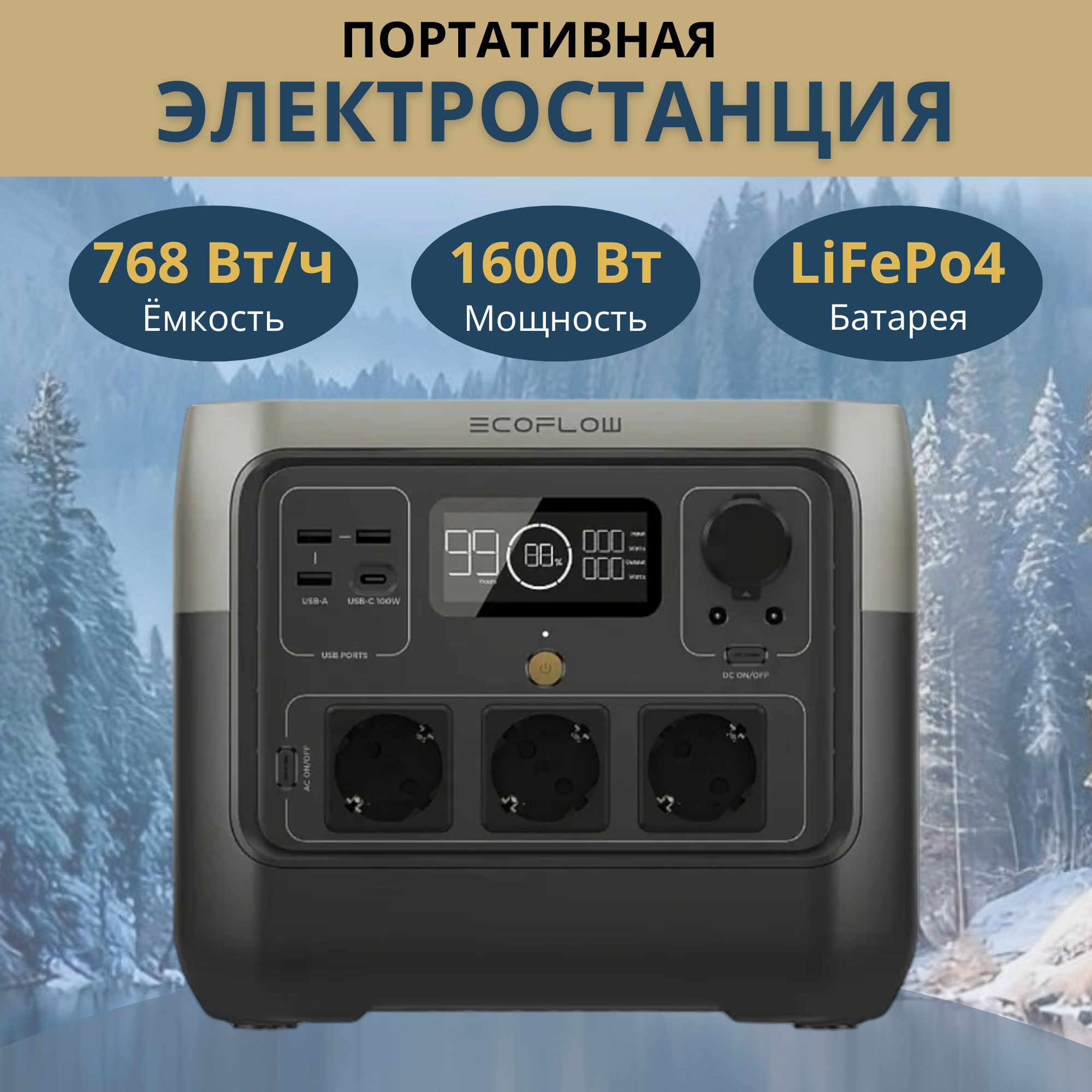 Портативная зарядная электростанция RIVER 2 PRO 768Вт. ИБП, зарядное устройство, внешний аккумулятор.