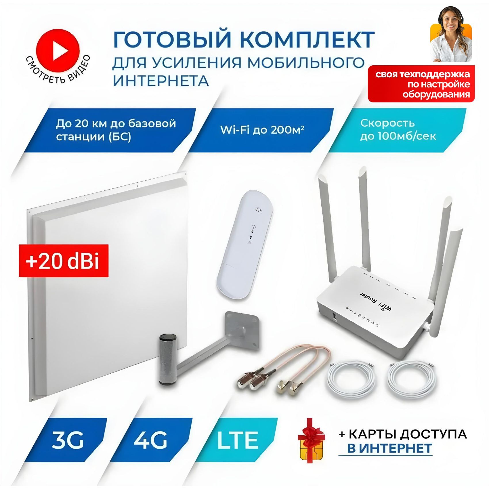 Интернет на дачу готовый комплект для усиления мобильного 3g 4g lte интернета с MIMO антенной Kroks 20дБ + 4G модем + WiFi роутер